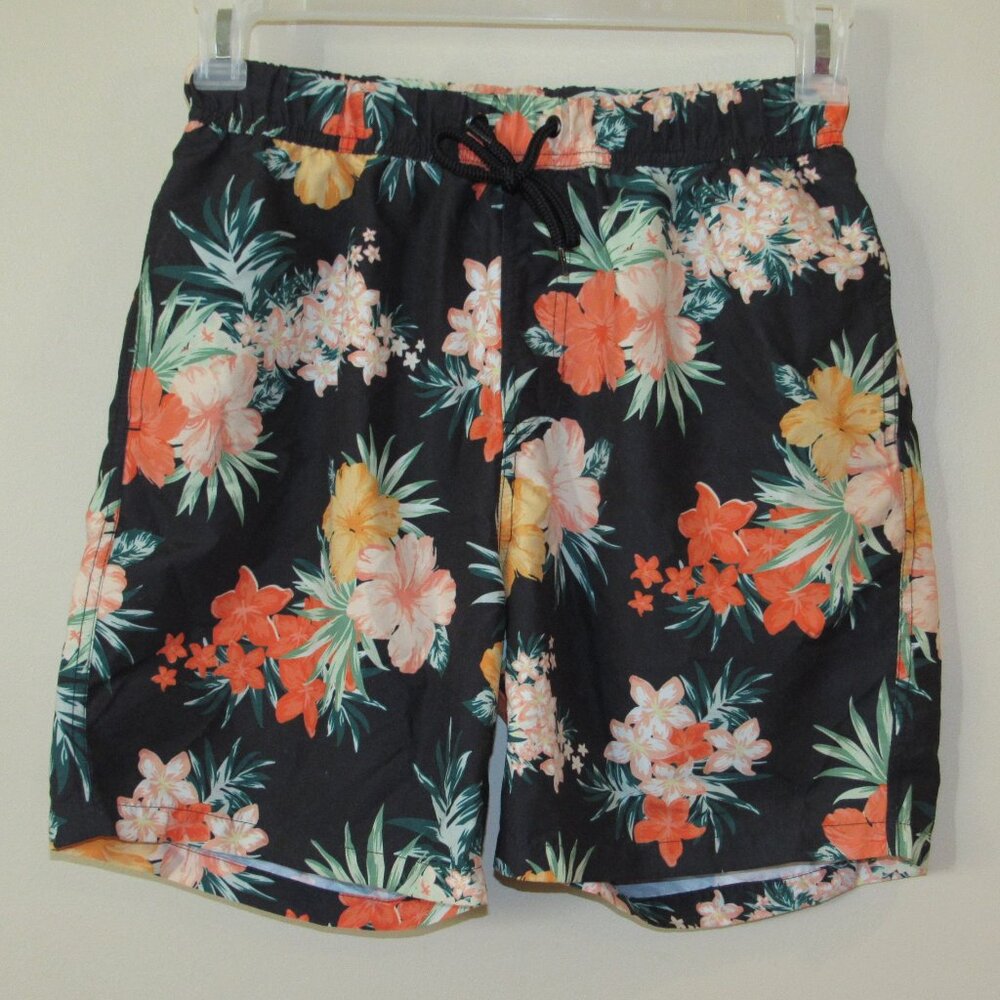 Asos Bathing Suit Mens S Black Floral Beach Swim Surf Trunks Lined Drawstring
